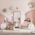 Lit de princesse MAYEERTY en forme de carrosse avec couronne, lit de voiture plateforme en bois avec escalier pour chambre à coucher, blanc rose
