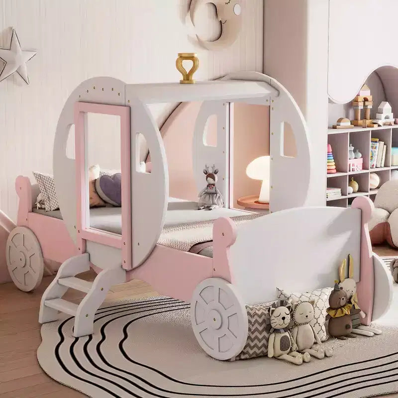 Lit de princesse MAYEERTY en forme de carrosse avec couronne, lit de voiture plateforme en bois avec escalier pour chambre à coucher, blanc rose