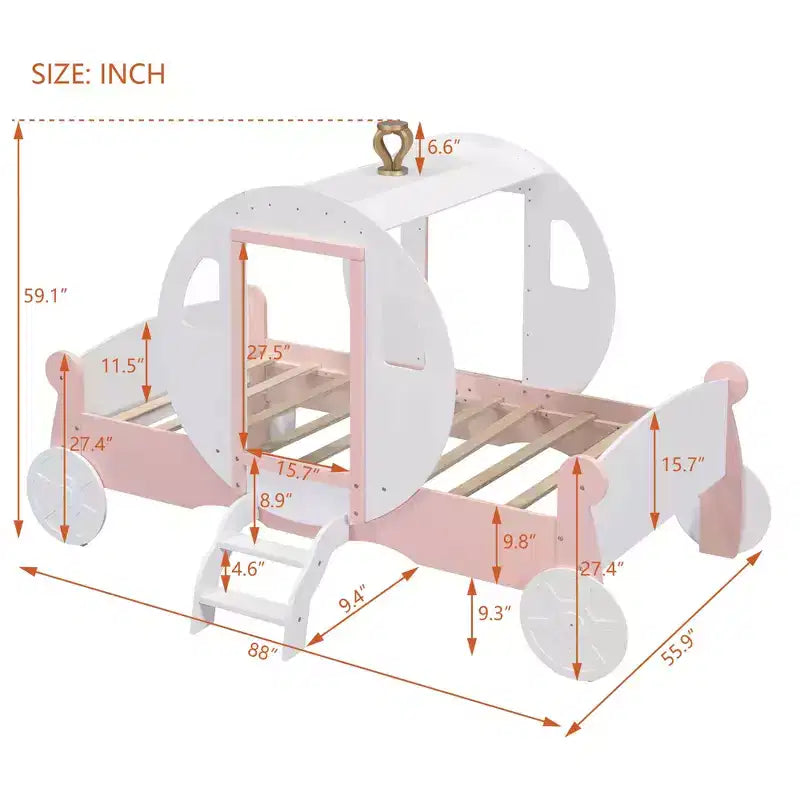Lit de princesse MAYEERTY en forme de carrosse avec couronne, lit de voiture plateforme en bois avec escalier pour chambre à coucher, blanc rose