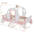 Lit de princesse MAYEERTY en forme de carrosse avec couronne, lit de voiture plateforme en bois avec escalier pour chambre à coucher, blanc rose