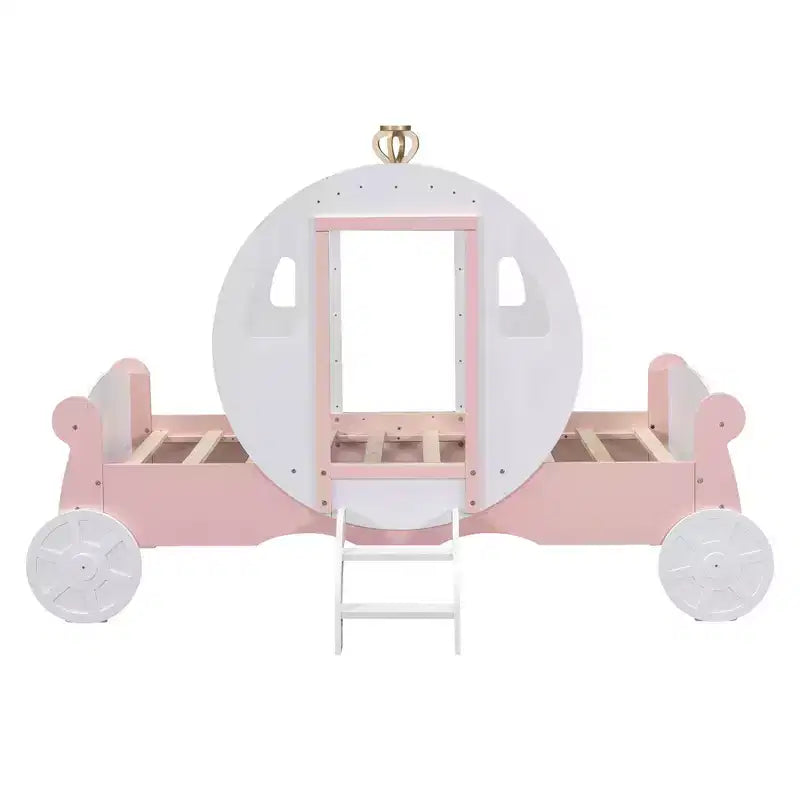 Lit de princesse MAYEERTY en forme de carrosse avec couronne, lit de voiture plateforme en bois avec escalier pour chambre à coucher, blanc rose