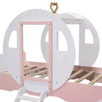 Lit de princesse MAYEERTY en forme de carrosse avec couronne, lit de voiture plateforme en bois avec escalier pour chambre à coucher, blanc rose