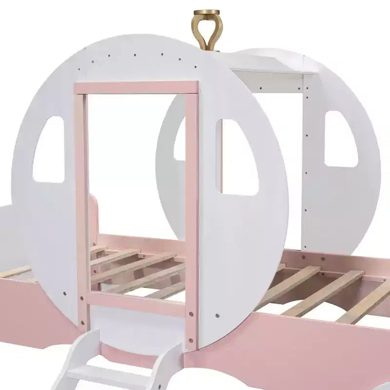 Lit de princesse MAYEERTY en forme de carrosse avec couronne, lit de voiture plateforme en bois avec escalier pour chambre à coucher, blanc rose