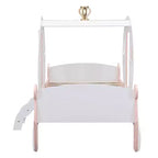 Lit de princesse MAYEERTY en forme de carrosse avec couronne, lit de voiture plateforme en bois avec escalier pour chambre à coucher, blanc rose
