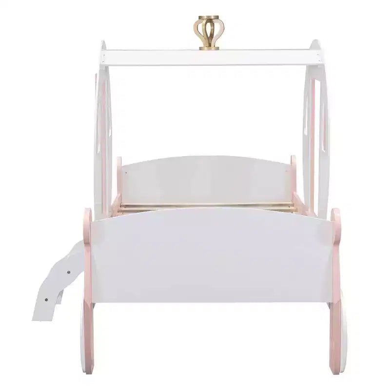 Lit de princesse MAYEERTY en forme de carrosse avec couronne, lit de voiture plateforme en bois avec escalier pour chambre à coucher, blanc rose