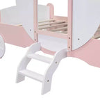 Lit de princesse MAYEERTY en forme de carrosse avec couronne, lit de voiture plateforme en bois avec escalier pour chambre à coucher, blanc rose