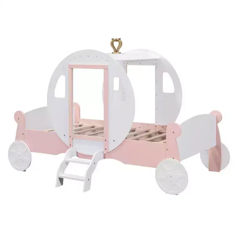Lit de princesse MAYEERTY en forme de carrosse avec couronne, lit de voiture plateforme en bois avec escalier pour chambre à coucher, blanc rose