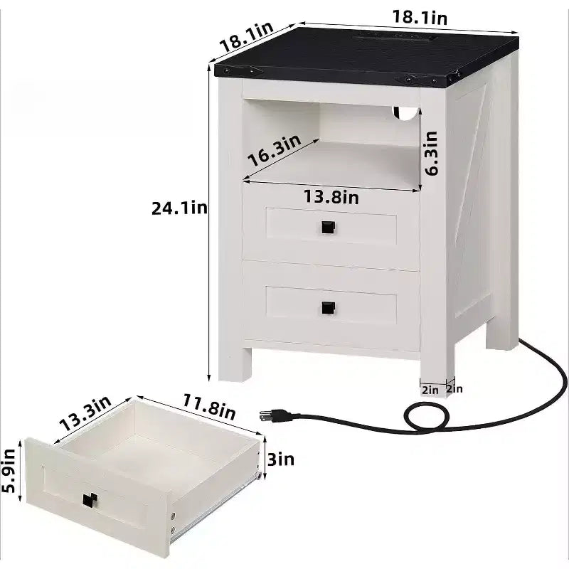 BALHAM TRADE-Table de chevet de ferme, lot de 2 avec recharge USB, 2 tiroirs et étagère ouverte