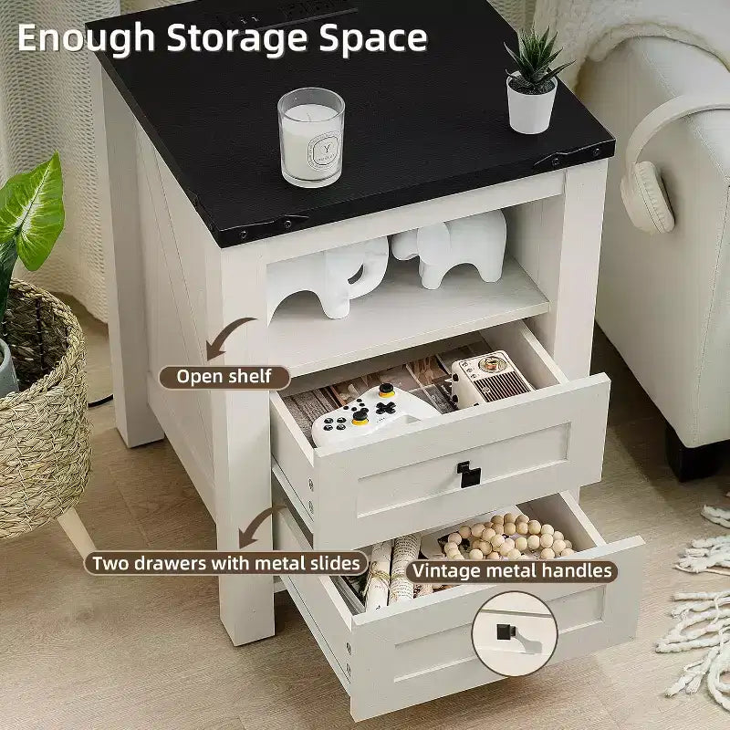 BALHAM TRADE-Table de chevet de ferme, lot de 2 avec recharge USB, 2 tiroirs et étagère ouverte