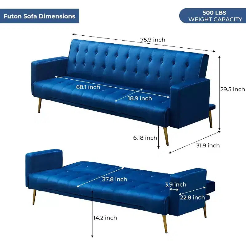 MooxvMoo 75 Canapé-lit futon convertible, canapé futon moderne à dossier réglable avec pieds en métal pour salon, appartement, bureau, bleu