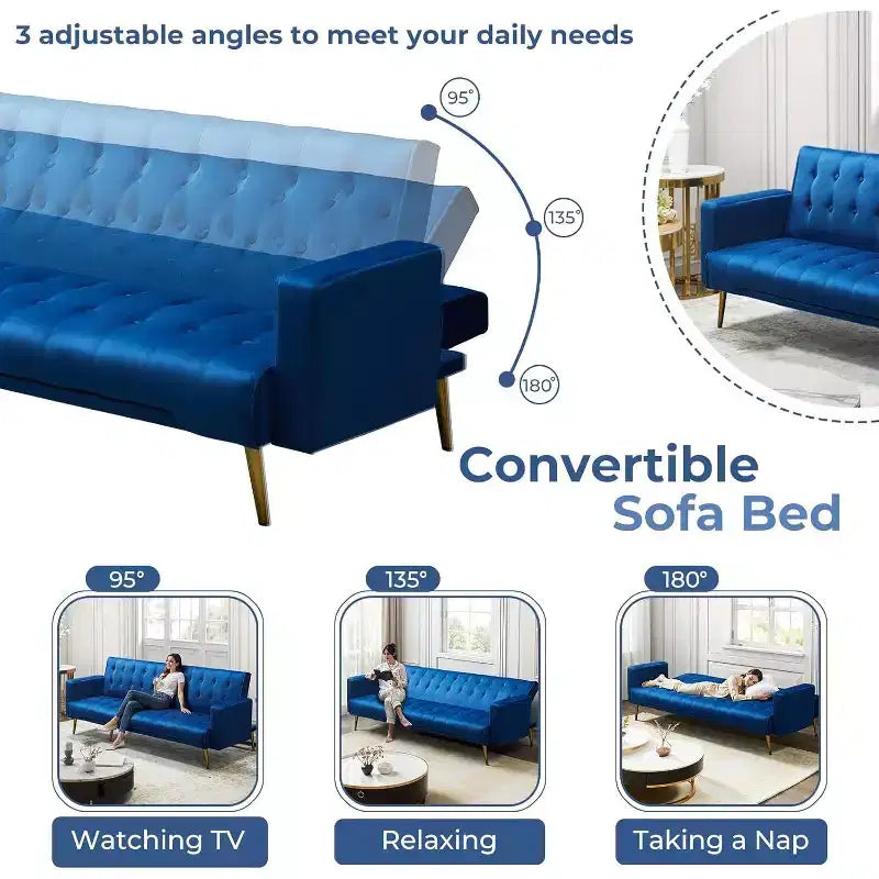 MooxvMoo 75 Canapé-lit futon convertible, canapé futon moderne à dossier réglable avec pieds en métal pour salon, appartement, bureau, bleu