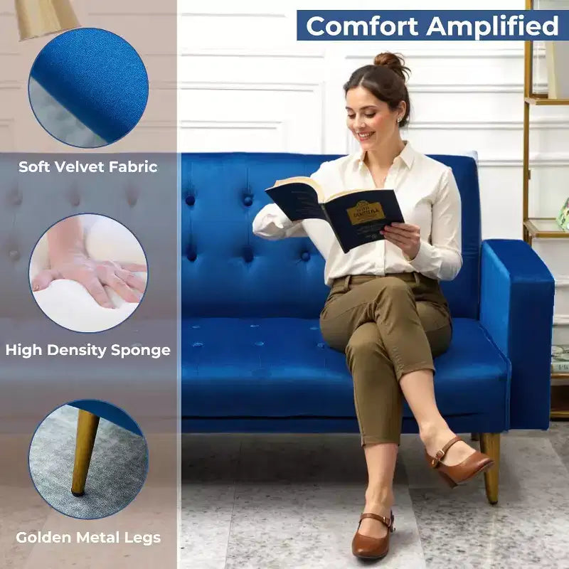 MooxvMoo 75 Canapé-lit futon convertible, canapé futon moderne à dossier réglable avec pieds en métal pour salon, appartement, bureau, bleu