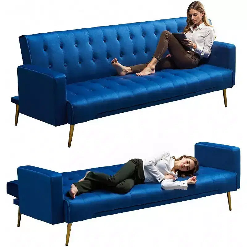 MooxvMoo 75 Canapé-lit futon convertible, canapé futon moderne à dossier réglable avec pieds en métal pour salon, appartement, bureau, bleu