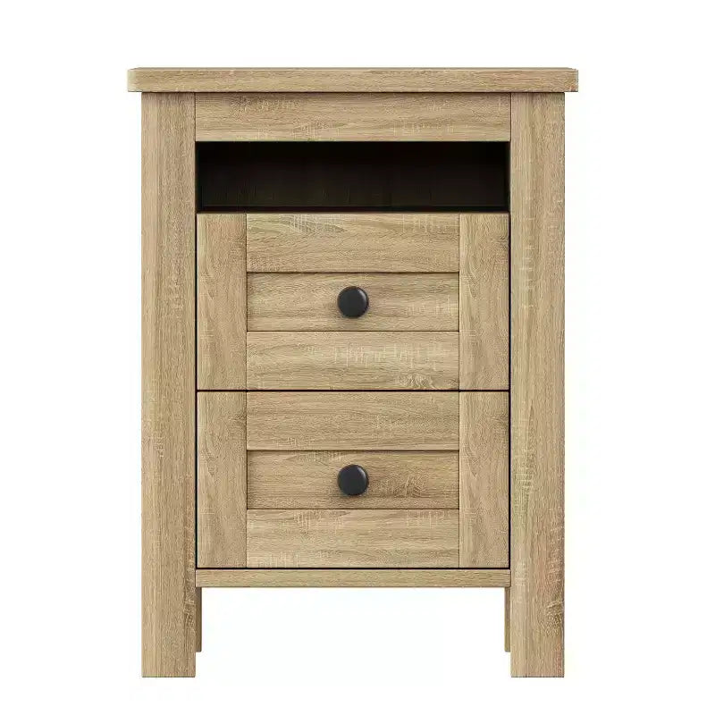 MAYEERTY Ensemble de chambre à coucher 3 pièces de taille Queen avec tête de lit de rangement à portes coulissantes doubles et table de chevet de rangement avec station de charge et commode pour chambre à coucher, couleur naturelle