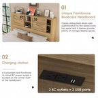 MAYEERTY Ensemble de chambre à coucher 3 pièces de taille Queen avec tête de lit de rangement à portes coulissantes doubles et table de chevet de rangement avec station de charge et commode pour chambre à coucher, couleur naturelle