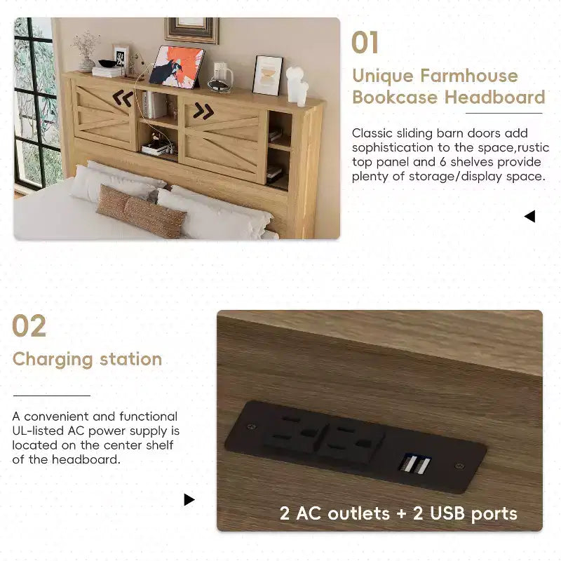MAYEERTY Ensemble de chambre à coucher 3 pièces de taille Queen avec tête de lit de rangement à portes coulissantes doubles et table de chevet de rangement avec station de charge et commode pour chambre à coucher, couleur naturelle