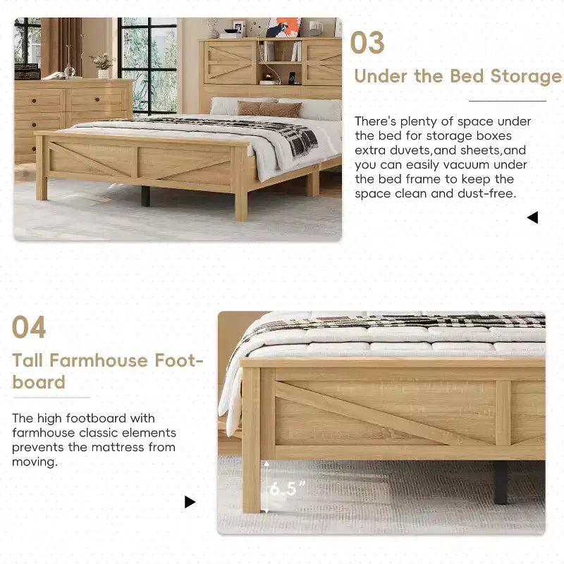 MAYEERTY Ensemble de chambre à coucher 3 pièces de taille Queen avec tête de lit de rangement à portes coulissantes doubles et table de chevet de rangement avec station de charge et commode pour chambre à coucher, couleur naturelle