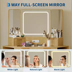 Coiffeuse d'Angle, Coiffeuse Moderne avec Triple Miroir HD, Coiffeuse d'Angle avec Plateau en Verre Transparent, Coiffeuse Cannelée
