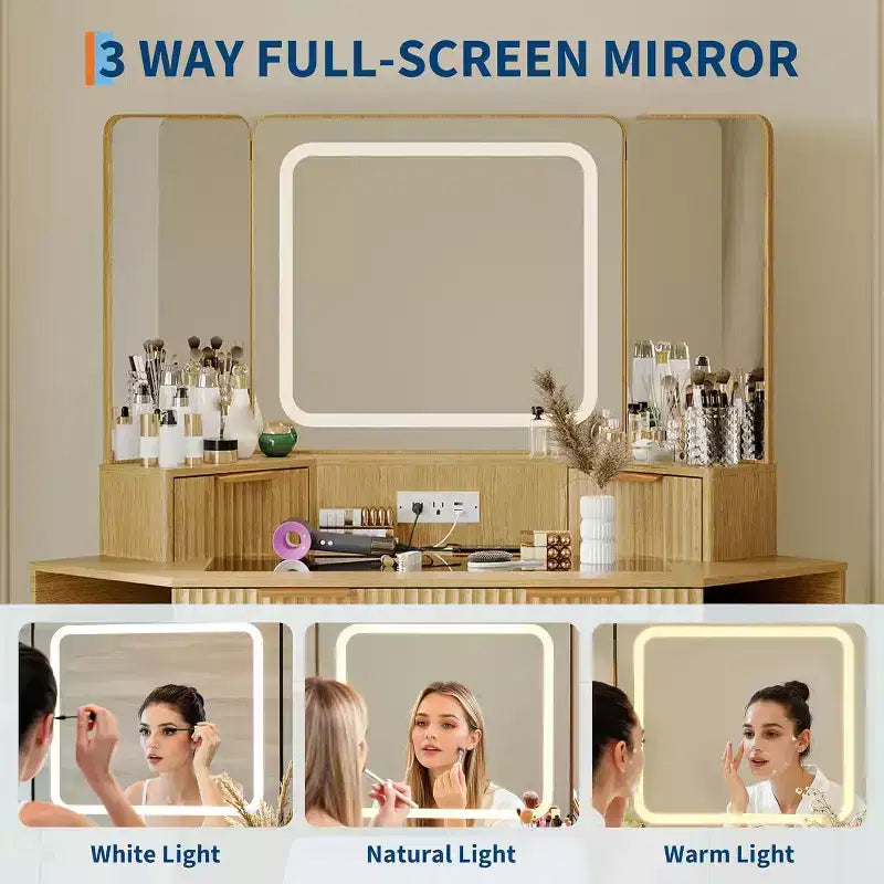 Coiffeuse d'Angle, Coiffeuse Moderne avec Triple Miroir HD, Coiffeuse d'Angle avec Plateau en Verre Transparent, Coiffeuse Cannelée