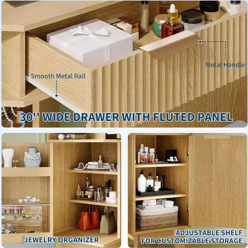 Coiffeuse d'Angle, Coiffeuse Moderne avec Triple Miroir HD, Coiffeuse d'Angle avec Plateau en Verre Transparent, Coiffeuse Cannelée