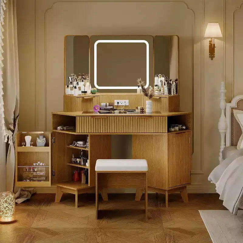 Coiffeuse d'Angle, Coiffeuse Moderne avec Triple Miroir HD, Coiffeuse d'Angle avec Plateau en Verre Transparent, Coiffeuse Cannelée