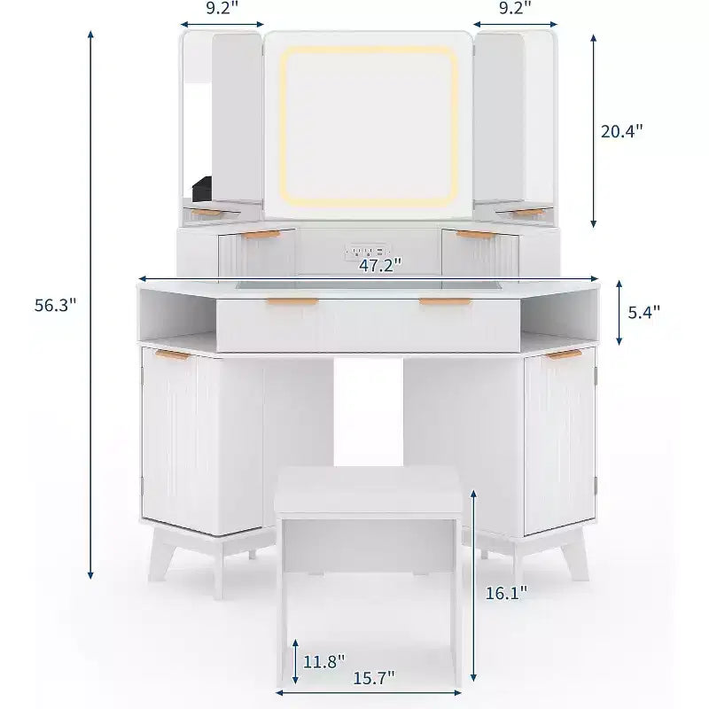 Coiffeuse d'Angle, Coiffeuse Moderne avec Triple Miroir HD, Coiffeuse d'Angle avec Plateau en Verre Transparent, Coiffeuse Cannelée