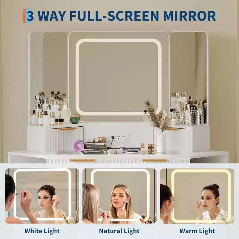 Coiffeuse d'Angle, Coiffeuse Moderne avec Triple Miroir HD, Coiffeuse d'Angle avec Plateau en Verre Transparent, Coiffeuse Cannelée
