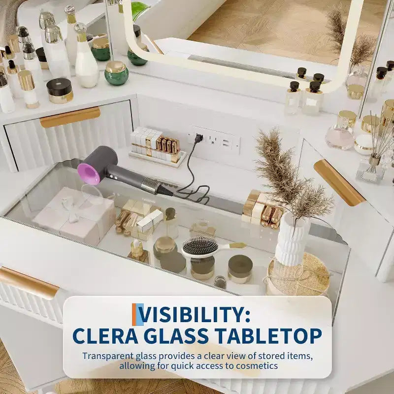 Coiffeuse d'Angle, Coiffeuse Moderne avec Triple Miroir HD, Coiffeuse d'Angle avec Plateau en Verre Transparent, Coiffeuse Cannelée