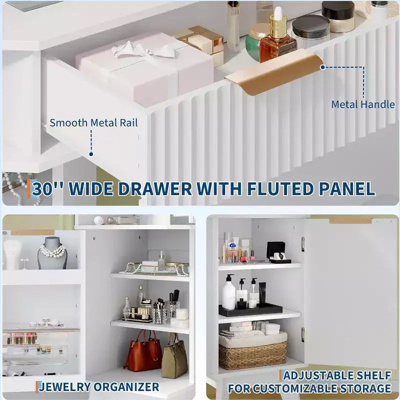 Coiffeuse d'Angle, Coiffeuse Moderne avec Triple Miroir HD, Coiffeuse d'Angle avec Plateau en Verre Transparent, Coiffeuse Cannelée
