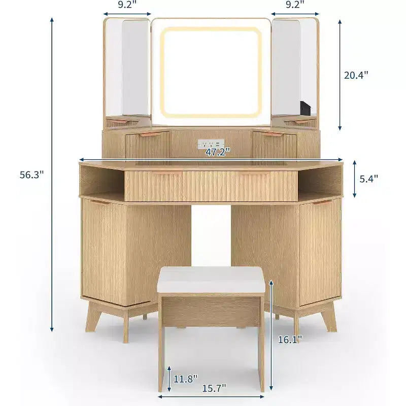 Coiffeuse d'Angle, Coiffeuse Moderne avec Triple Miroir HD, Coiffeuse d'Angle avec Plateau en Verre Transparent, Coiffeuse Cannelée