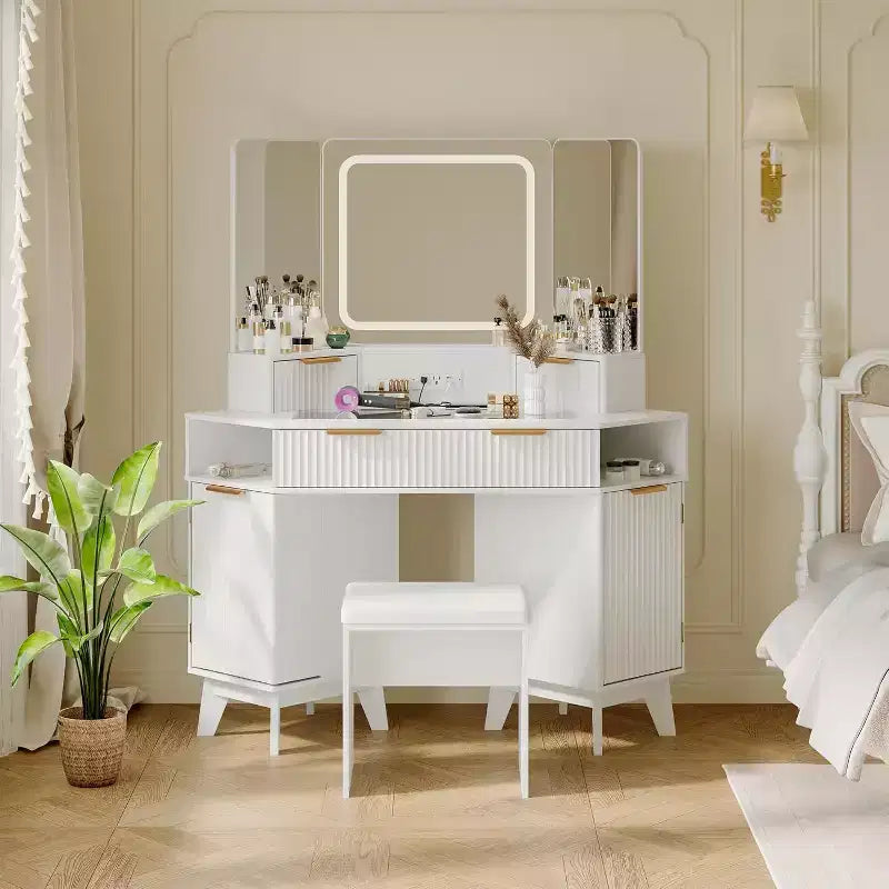 Corner Makeup Vanity Desk, Modern Vanity Desk with HD Triple Mirror, Corner Vanitys with Clear Glass Top, Fluted Makeup VanityDesk