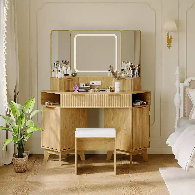 Coiffeuse d'Angle, Coiffeuse Moderne avec Triple Miroir HD, Coiffeuse d'Angle avec Plateau en Verre Transparent, Coiffeuse Cannelée