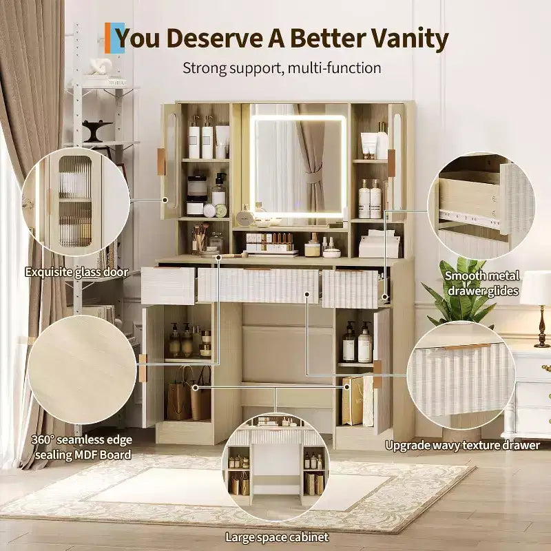 Coiffeuse avec miroir, Table de maquillage moderne, Coiffeuse pour chambre à coucher avec 2 armoires en verre, 2 grandes armoires, 3 tiroirs et étagères de rangement