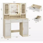 Coiffeuse avec miroir, Table de maquillage moderne, Coiffeuse pour chambre à coucher avec 2 armoires en verre, 2 grandes armoires, 3 tiroirs et étagères de rangement