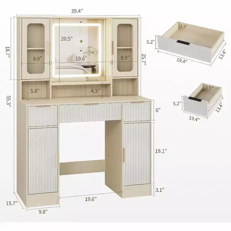 Coiffeuse avec miroir, Table de maquillage moderne, Coiffeuse pour chambre à coucher avec 2 armoires en verre, 2 grandes armoires, 3 tiroirs et étagères de rangement