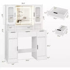 Coiffeuse avec miroir, Table de maquillage moderne, Coiffeuse pour chambre à coucher avec 2 armoires en verre, 2 grandes armoires, 3 tiroirs et étagères de rangement