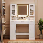 Coiffeuse avec miroir, Table de maquillage moderne, Coiffeuse pour chambre à coucher avec 2 armoires en verre, 2 grandes armoires, 3 tiroirs et étagères de rangement