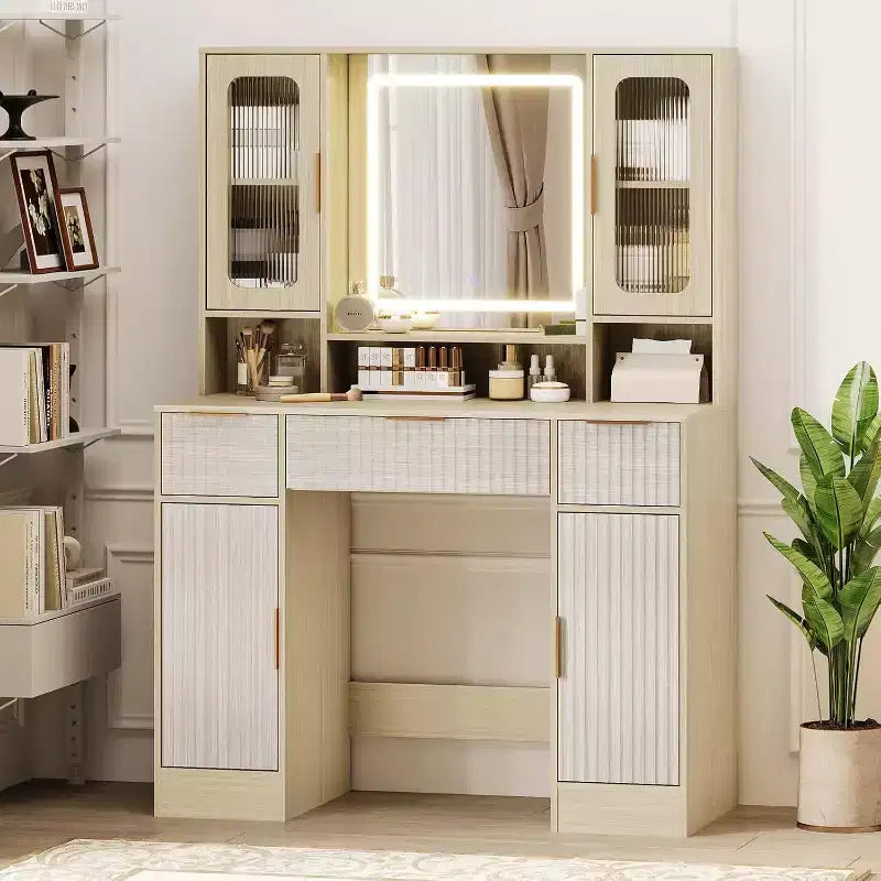 Coiffeuse avec miroir, Table de maquillage moderne, Coiffeuse pour chambre à coucher avec 2 armoires en verre, 2 grandes armoires, 3 tiroirs et étagères de rangement