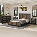 Ensemble de chambre MAYEERTY 4 pièces, lit plateforme Queen Size avec autocollants décoratifs en lattes de bois, table de chevet de rangement et commode avec poignée en métal pour chambre à coucher Noir