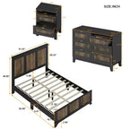 Ensemble de chambre MAYEERTY 4 pièces, lit plateforme Queen Size avec autocollants décoratifs en lattes de bois, table de chevet de rangement et commode avec poignée en métal pour chambre à coucher Noir