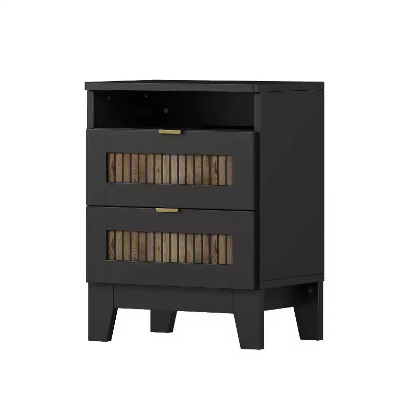 Ensemble de chambre MAYEERTY 4 pièces, lit plateforme Queen Size avec autocollants décoratifs en lattes de bois, table de chevet de rangement et commode avec poignée en métal pour chambre à coucher Noir