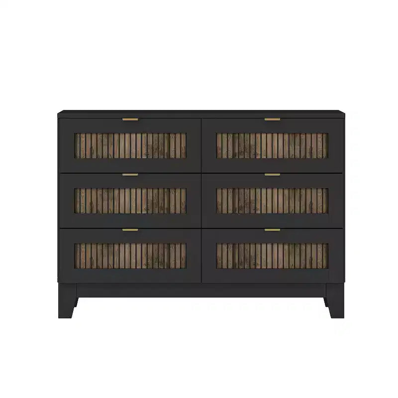 Ensemble de chambre MAYEERTY 4 pièces, lit plateforme Queen Size avec autocollants décoratifs en lattes de bois, table de chevet de rangement et commode avec poignée en métal pour chambre à coucher Noir