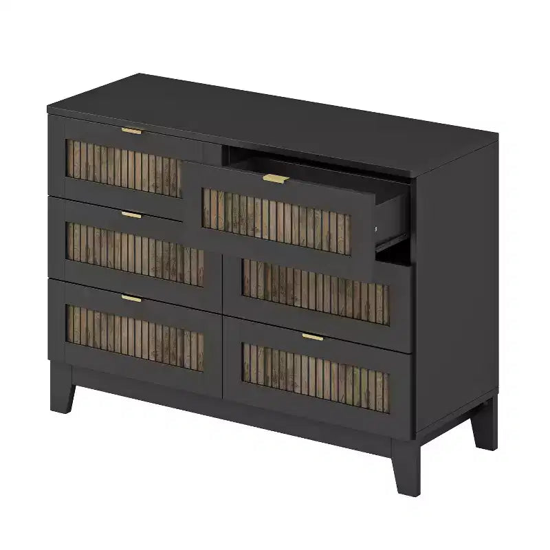 Ensemble de chambre MAYEERTY 4 pièces, lit plateforme Queen Size avec autocollants décoratifs en lattes de bois, table de chevet de rangement et commode avec poignée en métal pour chambre à coucher Noir