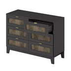 Ensemble de chambre MAYEERTY 4 pièces, lit plateforme Queen Size avec autocollants décoratifs en lattes de bois, table de chevet de rangement et commode avec poignée en métal pour chambre à coucher Noir