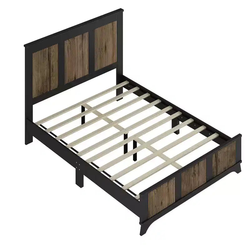 Ensemble de chambre MAYEERTY 4 pièces, lit plateforme Queen Size avec autocollants décoratifs en lattes de bois, table de chevet de rangement et commode avec poignée en métal pour chambre à coucher Noir