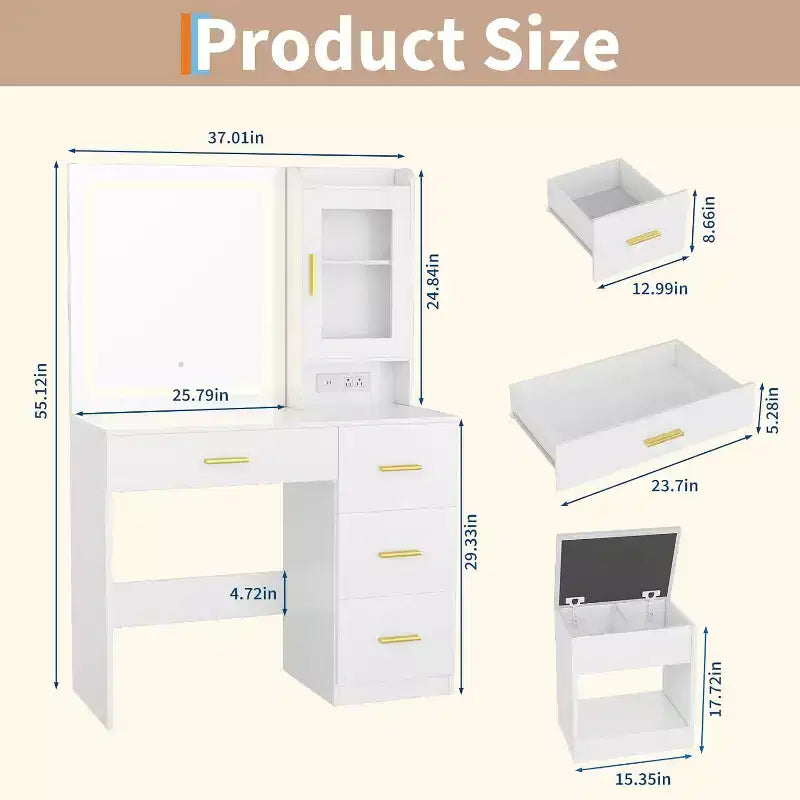 Coiffeuse de 94 cm avec miroir réglable, 4 tiroirs et 1 porte, tabouret de rangement et support pour sèche-cheveux