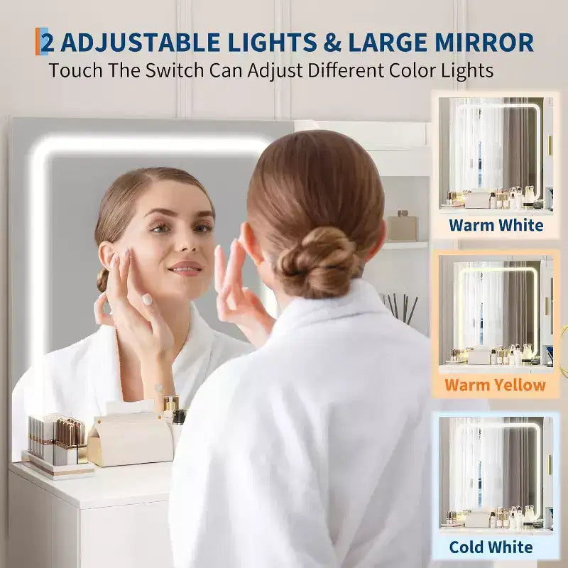Coiffeuse de 94 cm avec miroir réglable, 4 tiroirs et 1 porte, tabouret de rangement et support pour sèche-cheveux