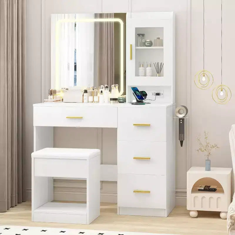 Coiffeuse de 94 cm avec miroir réglable, 4 tiroirs et 1 porte, tabouret de rangement et support pour sèche-cheveux