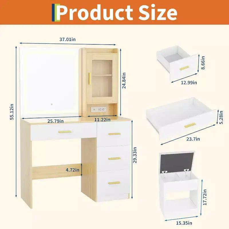 Coiffeuse de 94 cm avec miroir réglable, 4 tiroirs et 1 porte, tabouret de rangement et support pour sèche-cheveux