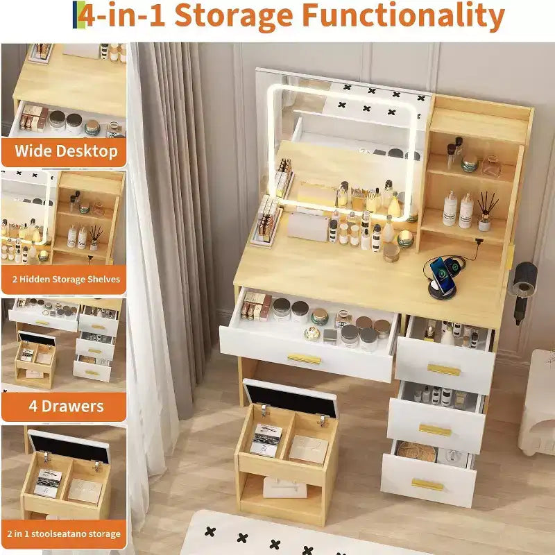 Coiffeuse de 94 cm avec miroir réglable, 4 tiroirs et 1 porte, tabouret de rangement et support pour sèche-cheveux